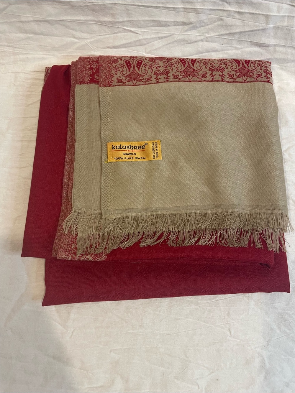 Kalashree Pashmina Shawl Wrap 80x40 Red Beige Paisley Fringe Scarf Made in India